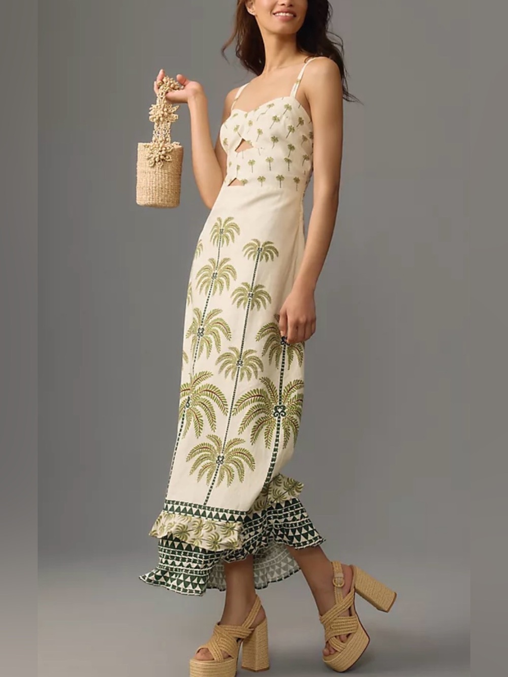 NWT! FARM RIO Size S • Ruffle Hem Palm Tree Long Dress.